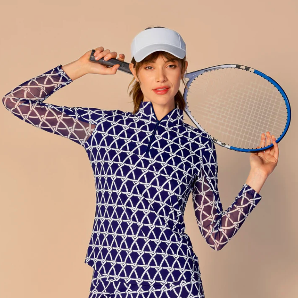 G Lifestyle Long Sleeve Zip Mock Neck Top Nautical Navy Skorzie