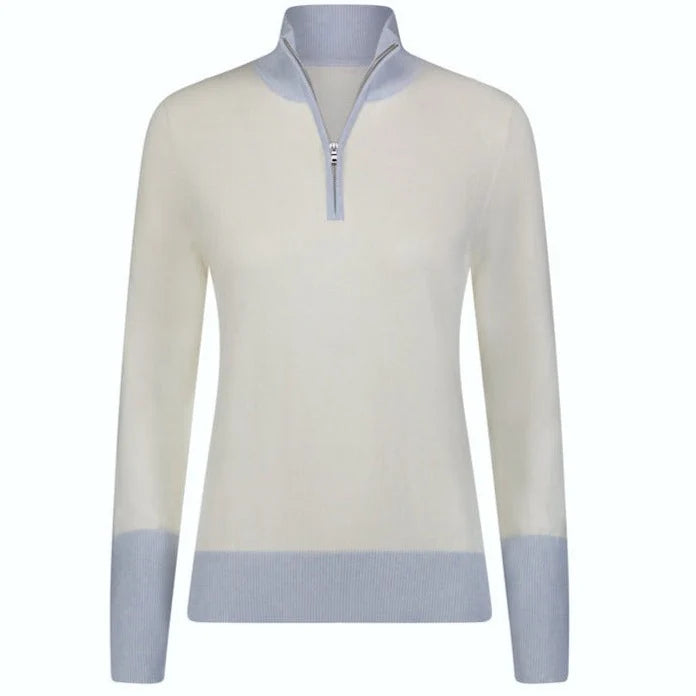Movetes Luna 1/4 Zip Cotton Sweater - Ivory/Linen