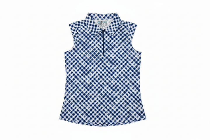 IBKUL Women's Gingham Sleeveless Zip Polo - Navy/White