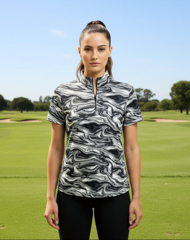 IBKUL Women's Devin Short Sleeve Zip Mock Top - Black Marble