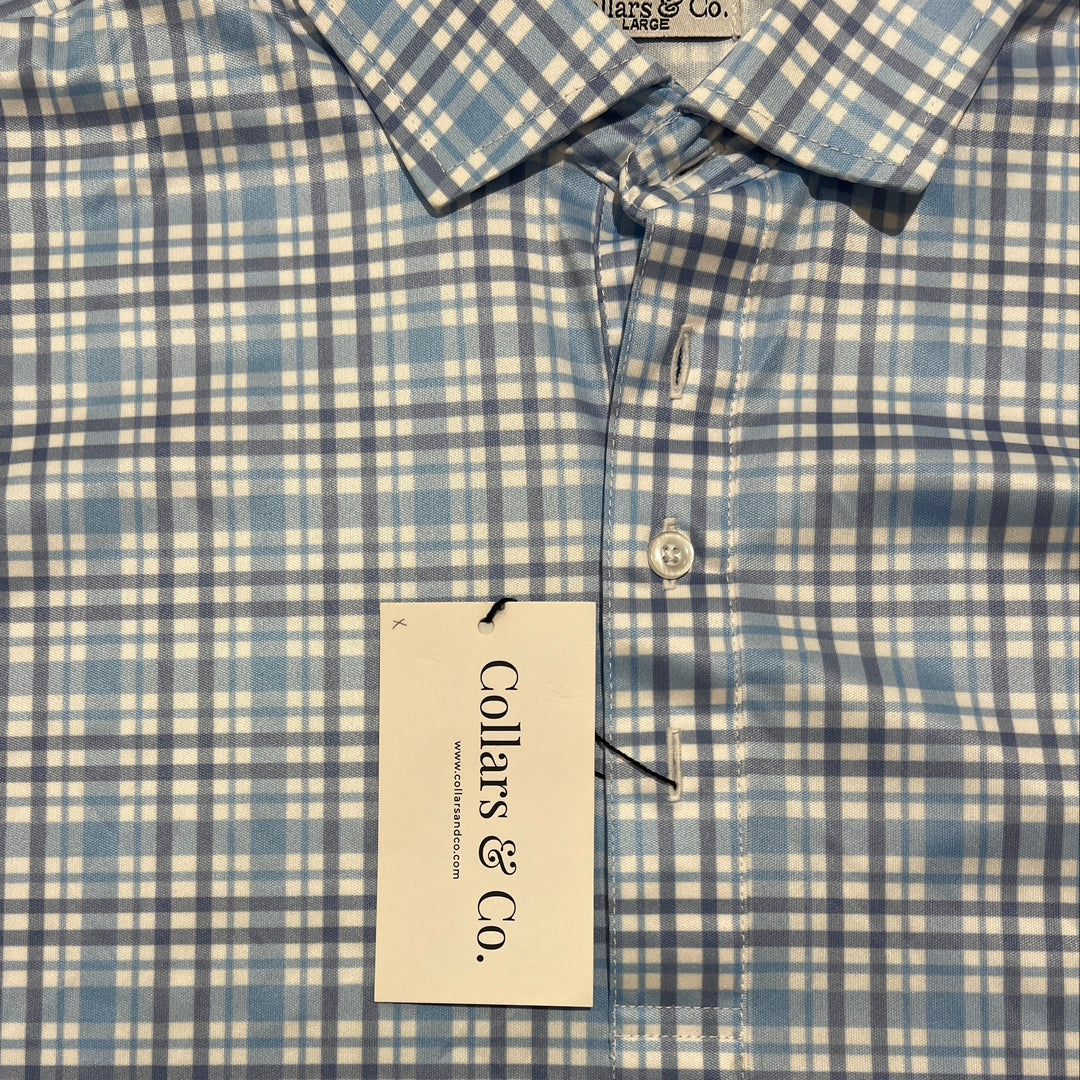 Collars & Co. Men's Polo Performance Fabric Semi-Spread Collar Sea Island Blue/Purple Plaid Size M