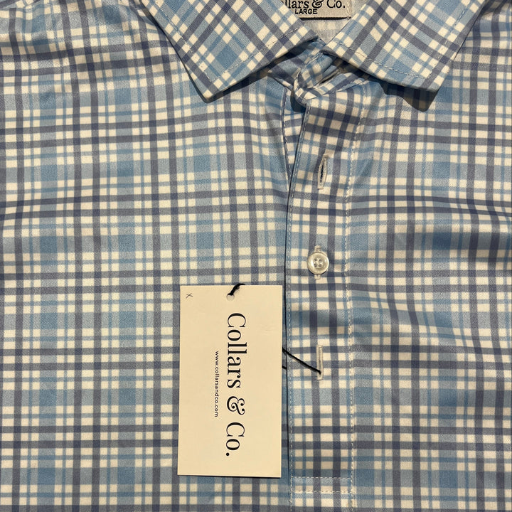 Collars & Co. Men's Polo Performance Fabric Semi-Spread Collar Sea Island Blue/Purple Plaid Size M