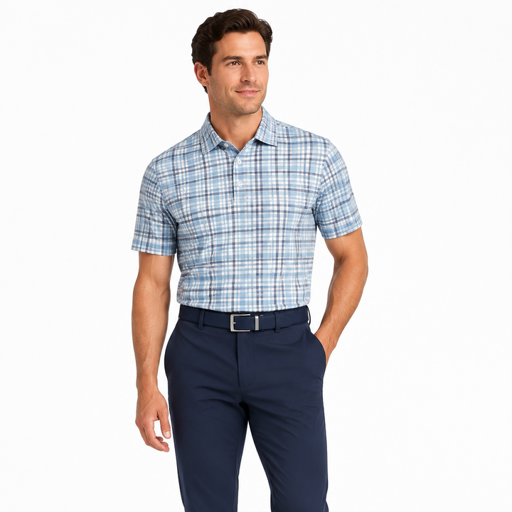 Collars & Co. Men's Polo Performance Fabric Semi-Spread Collar Sea Island Blue/Purple Plaid Size M