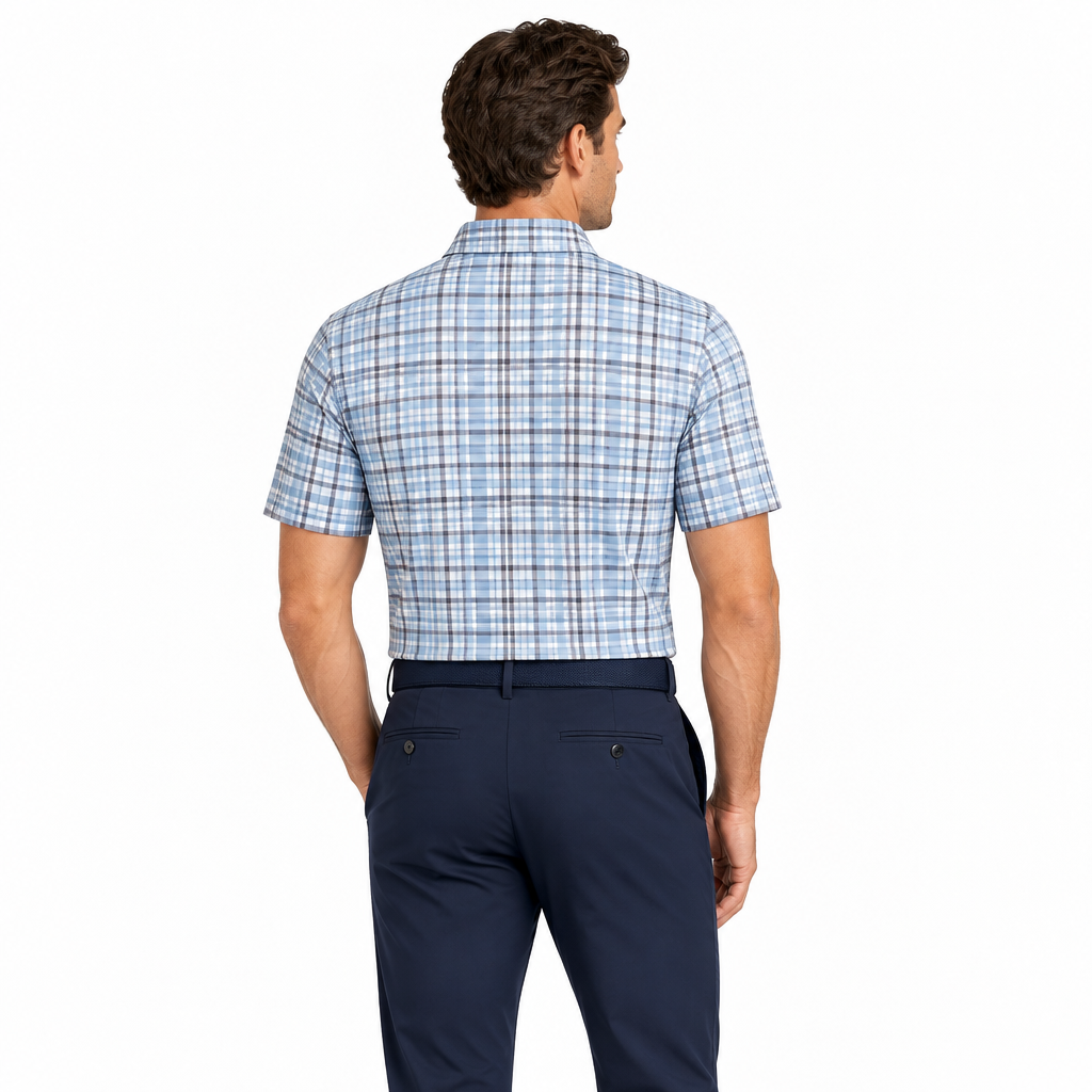 Collars & Co. Men's Polo Performance Fabric Semi-Spread Collar Sea Island Blue/Purple Plaid Size M