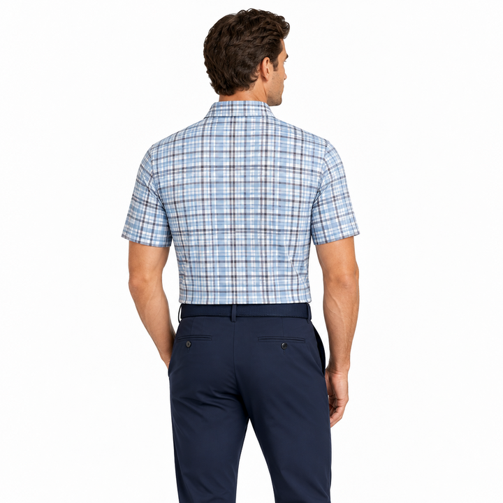 Collars & Co. Men's Polo Performance Fabric Semi-Spread Collar Sea Island Blue/Purple Plaid Size M