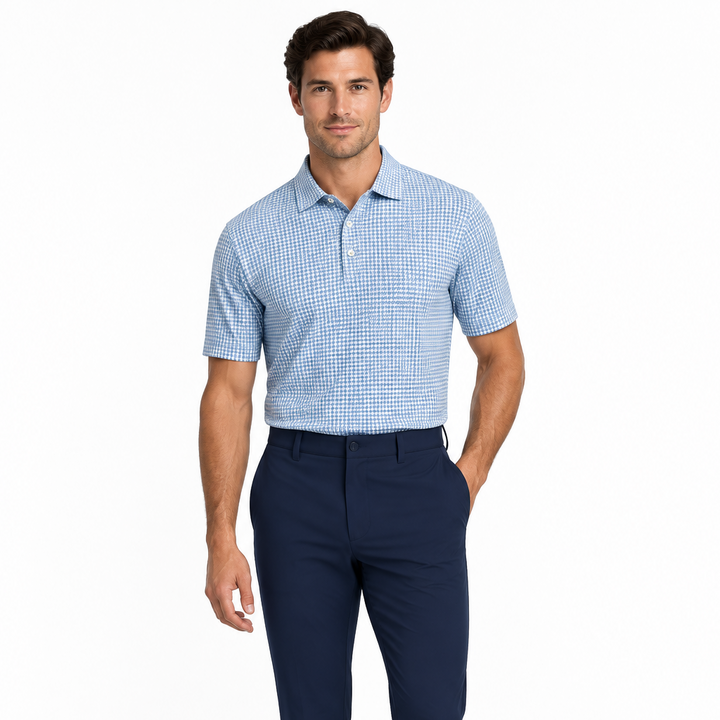 Collars & Co. Men's Polo Performance Fabric Semi-Spread Collar Blue Houndstooth