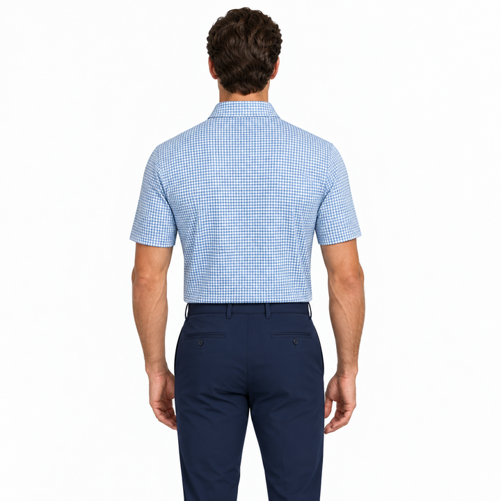 Collars & Co. Men's Polo Performance Fabric Semi-Spread Collar Blue Houndstooth