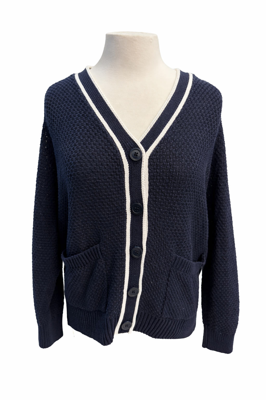 27 Miles Rio Textured V-Neck Cadigan Sweater - Navy - Skorzie