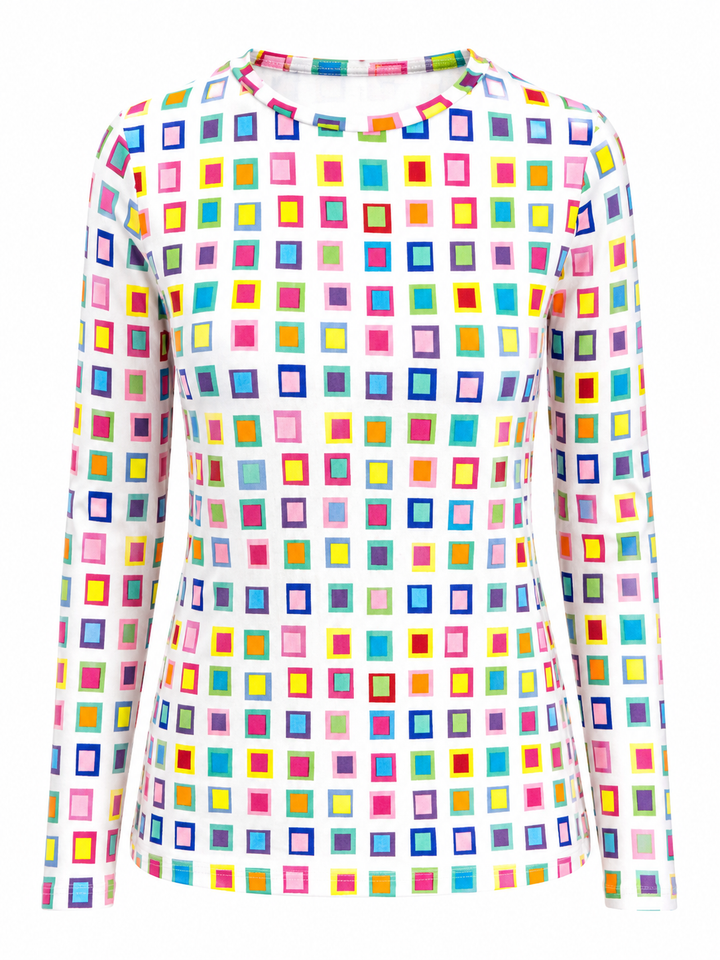 IBKUL Eloise Long Sleeve Crew Neck Top - Multi Squares - XS