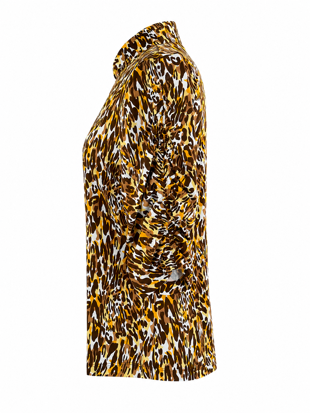 IBKUL Karen Print Ruched Elbow Sleeve Mandarin Collar Top