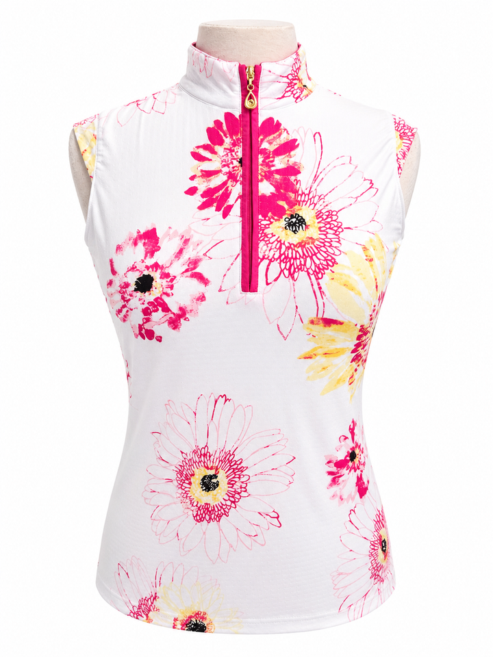 SanSoleil Womens Sleeveless Zip Top - Pink Flowers