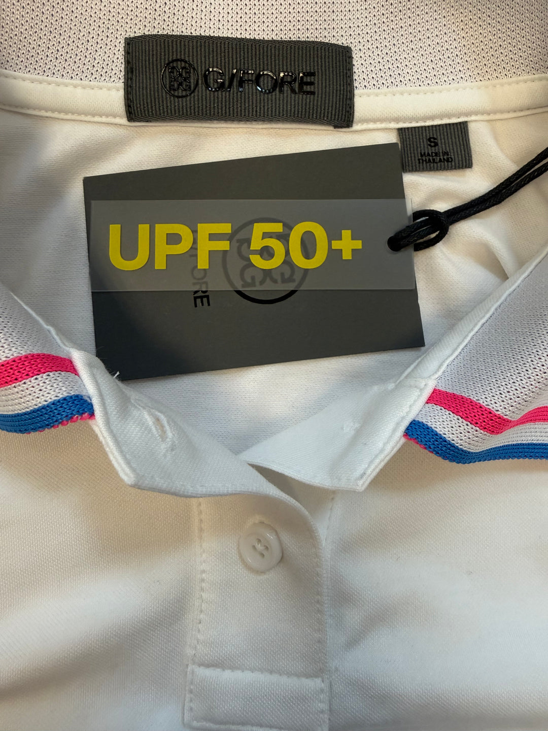 G/FORE Silky Tech Nylon Long Sleeve Polo - White/Pink/Blue - Small