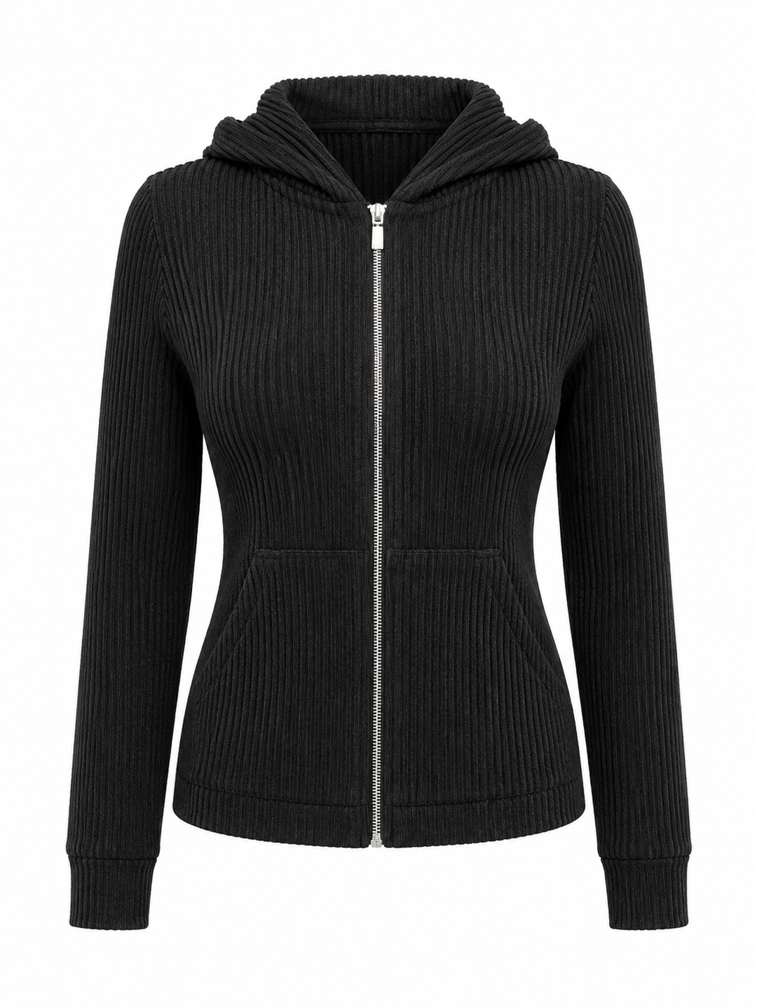 G-Lifestyle Women's Ribbed Zip Jacket with Hood - Black - XS