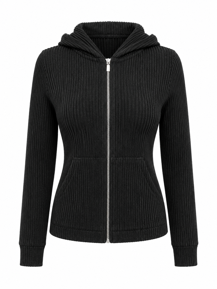 G-Lifestyle Women's Ribbed Zip Jacket with Hood - Black - XS