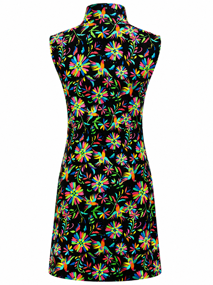 IBKUL Colorful Birds Sleeveless Zip Mock Dress - Black/Multi