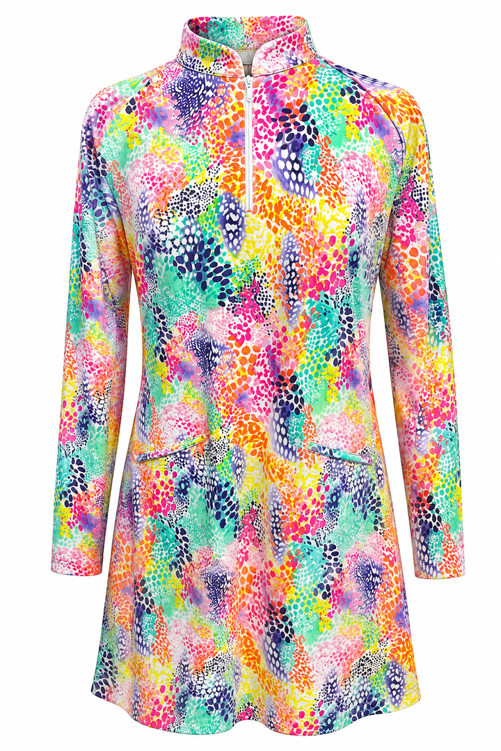 IBKUL Lessie Long Sleeve Mandarin Collar Dress - White/Multi