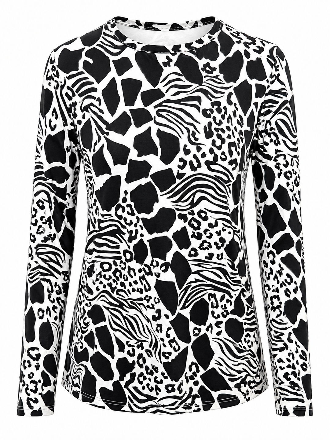 IBKUL Bianca Long Sleeve Crew Neck Top - Black/White Safari