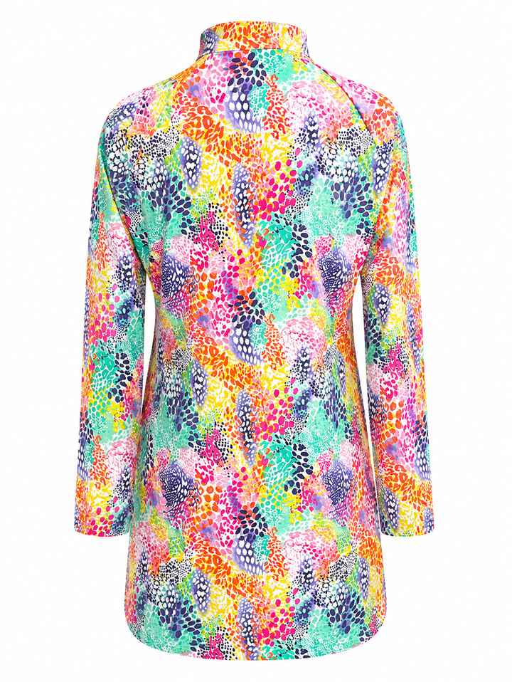 IBKUL Lessie Long Sleeve Mandarin Collar Dress - White/Multi