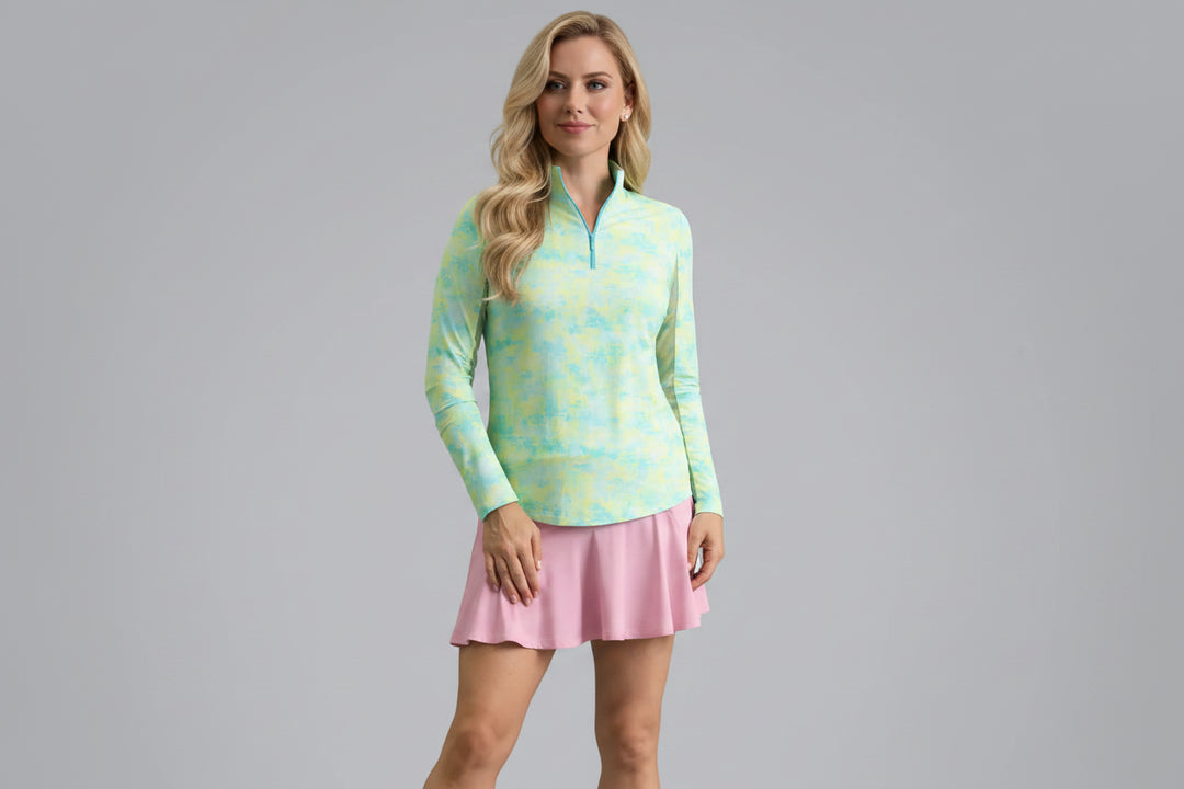 IBKUL Womens Olivia Long Sleeve Zip Polo - Lemonade/Seafoam