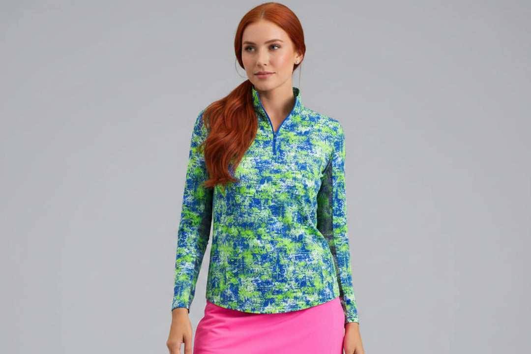 IBKUL Womens Olivia Long Sleeve Zip Polo - Glow Green/Blueberry