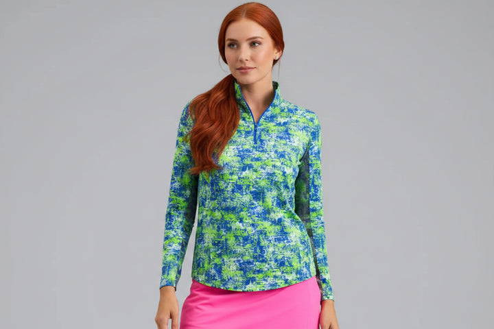 IBKUL Womens Olivia Long Sleeve Zip Polo - Glow Green/Blueberry