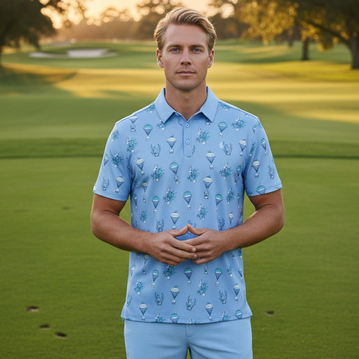 Penguin Mens Andrew Botanical Balloon Drink Short Sleeve Polo - Blue Bird