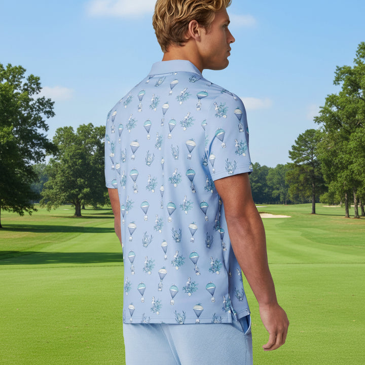 Penguin Mens Andrew Botanical Balloon Drink Short Sleeve Polo - Blue Bird