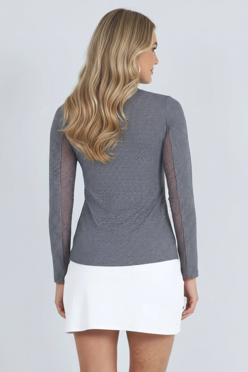 Ibkul Womens Long Sleeve Helena Mini Check Zip Mock - Black/White