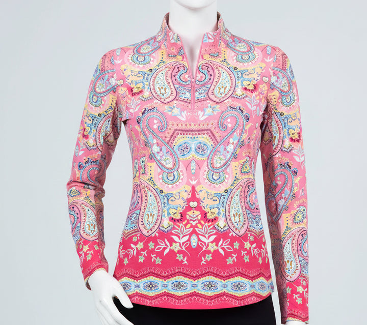 IBKUL Womens Long Sleeve Vicki Zip Mock - Watermelon/Multi