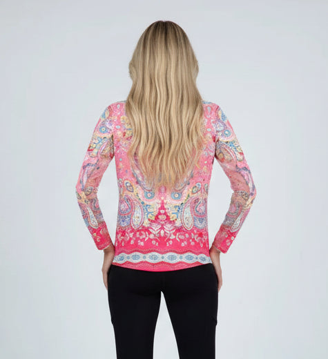 IBKUL Womens Long Sleeve Vicki Zip Mock - Watermelon/Multi