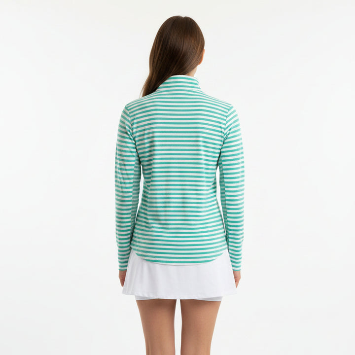 IBKUL Women's Long Sleeve Zip Mock Landon Stripe Mint/White Size XS