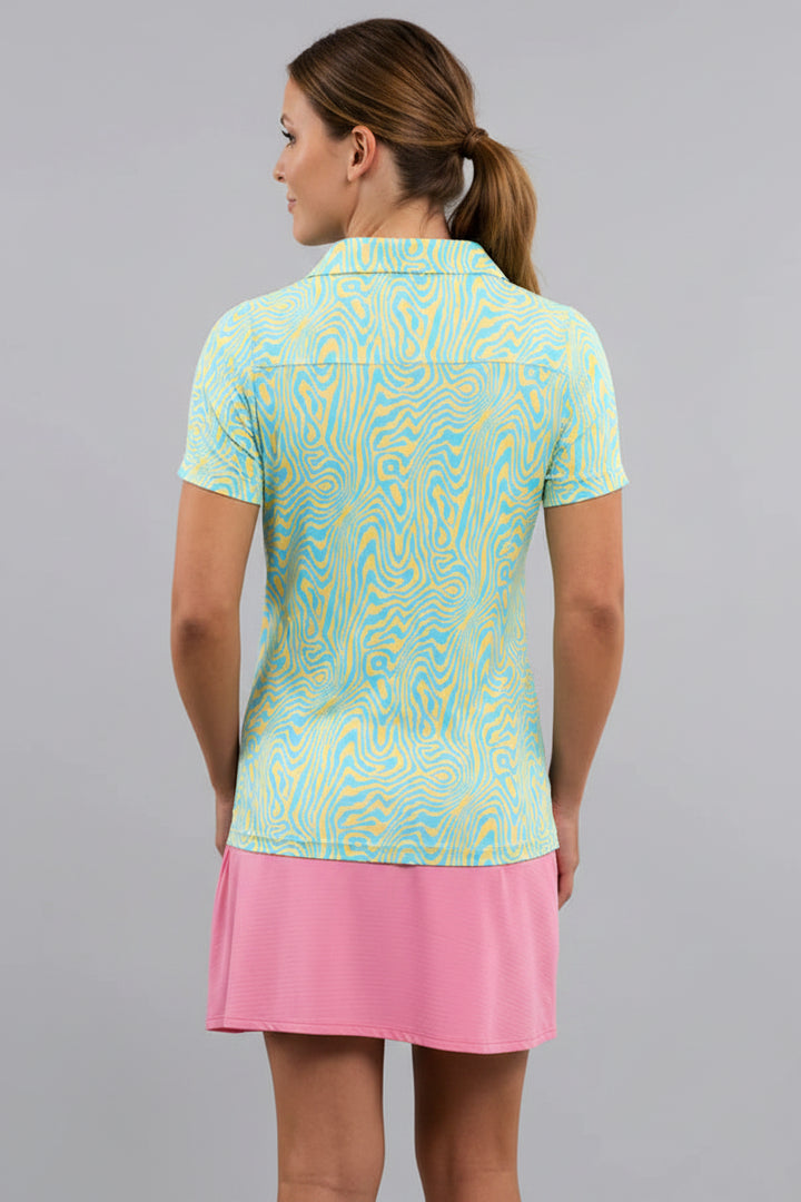 IBKUL Womens Gwen Animal Print Short Sleeve Polo - Seafoam/Lemonade