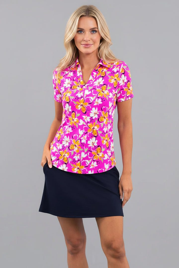 IBKUL Womens Demi Short Sleeve Polo - Hot Pink/Orange Peel
