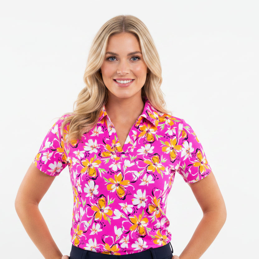 IBKUL Womens Demi Short Sleeve Polo - Hot Pink/Orange Peel