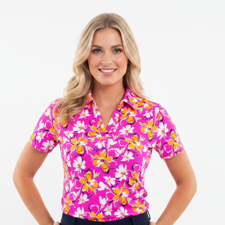 IBKUL Womens Demi Short Sleeve Polo - Hot Pink/Orange Peel