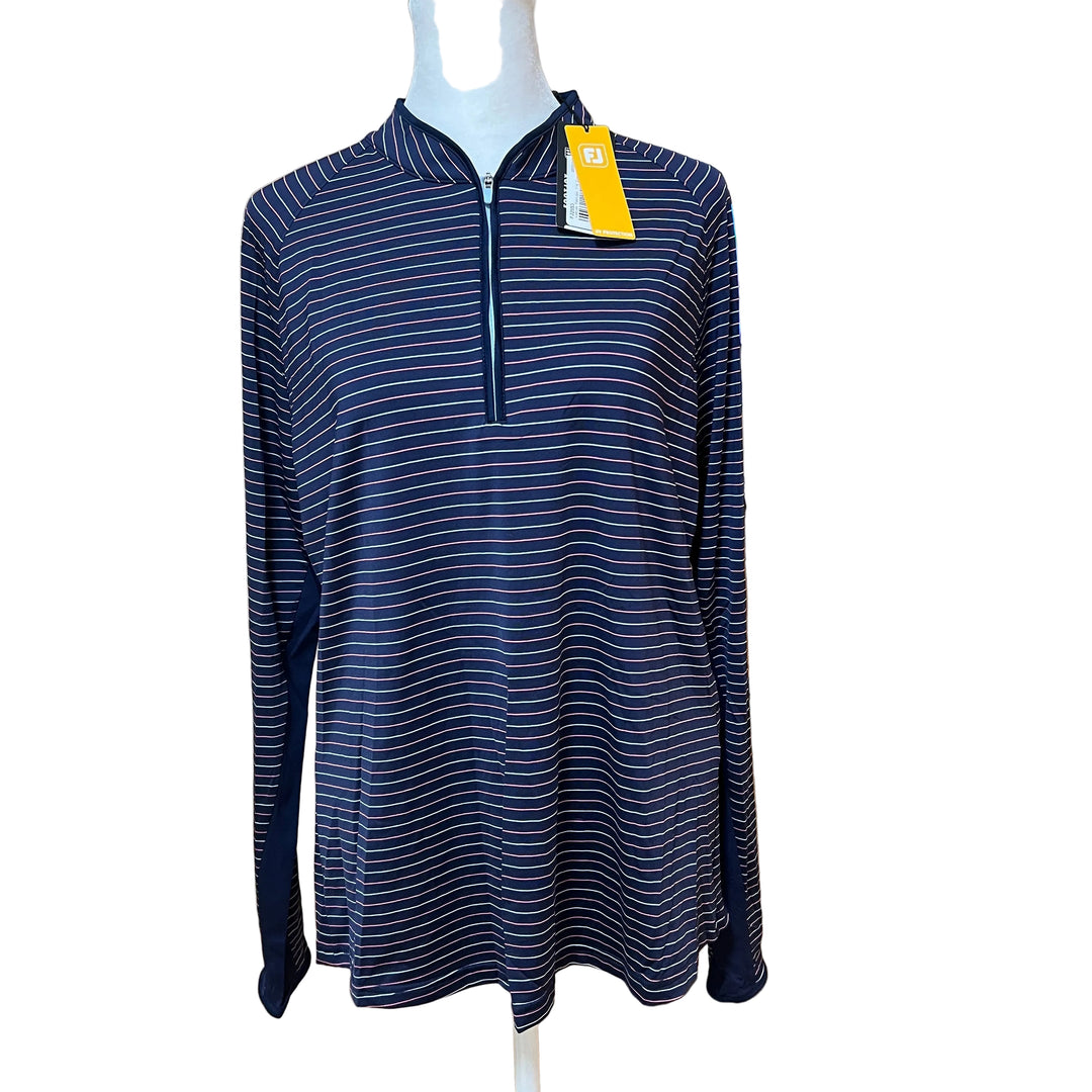 FootJoy Sun Protection 1/4 Zip Long Sleeve (w/logo) - Navy Stripe - Large - Skorzie