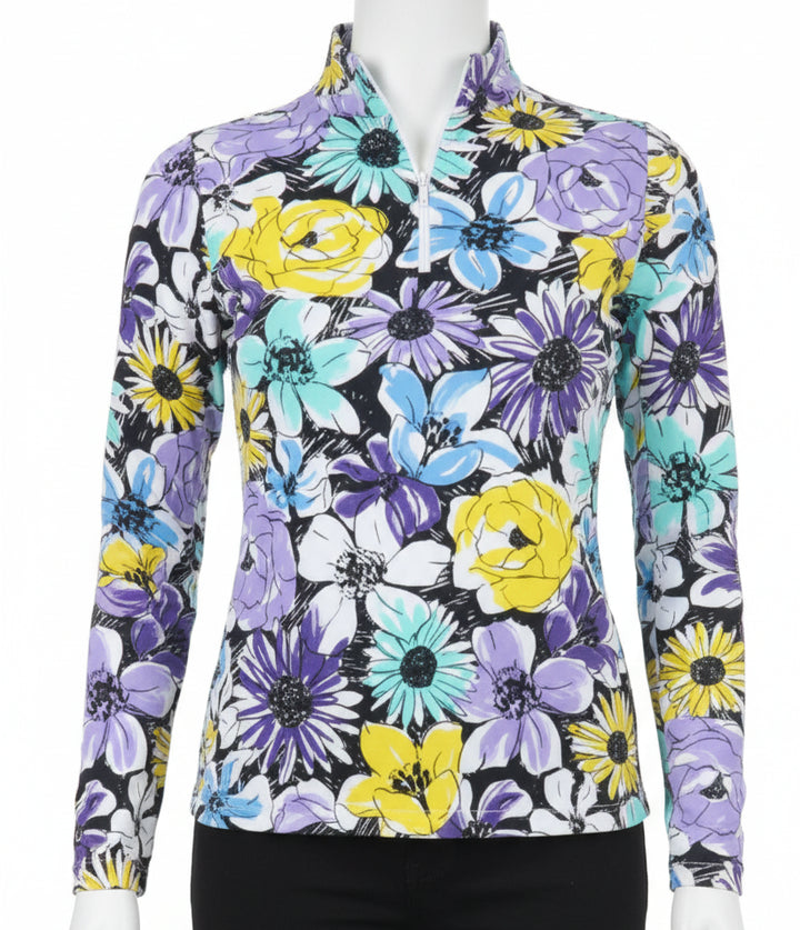 IBKUL Womens Long Sleeve Madeline Floral Zip Mock - Lavender/Multi