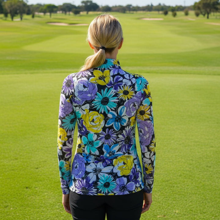 IBKUL Womens Long Sleeve Madeline Floral Zip Mock - Lavender/Multi