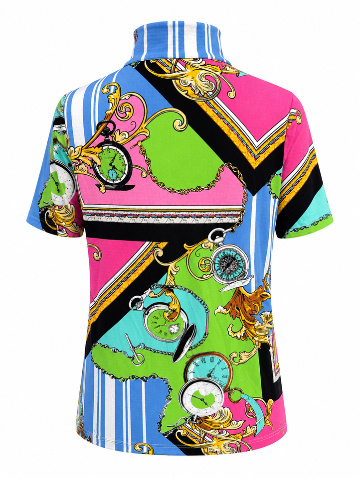 IBKUL Time Short Sleeve Zip Mock - Green/Pink