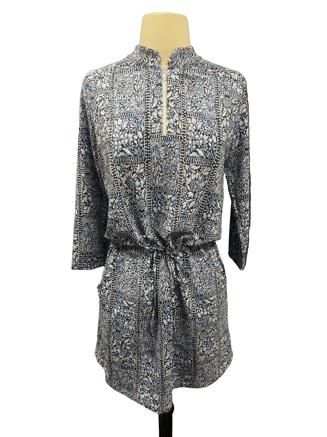 IBKUL Floral Print Elbow Sleeve Drawstring Dress  -Blue-  Small - Skorzie