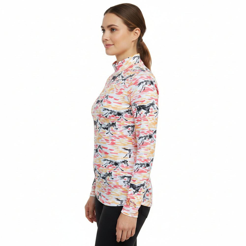 IBKUL Long Sleeve Mock Neck Top - Pink/Orange Equestrian - Small - Skorzie