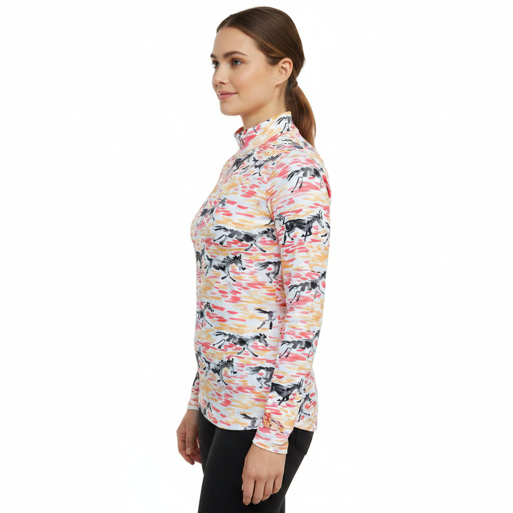 IBKUL Long Sleeve Mock Neck Top - Pink/Orange Equestrian - Small - Skorzie