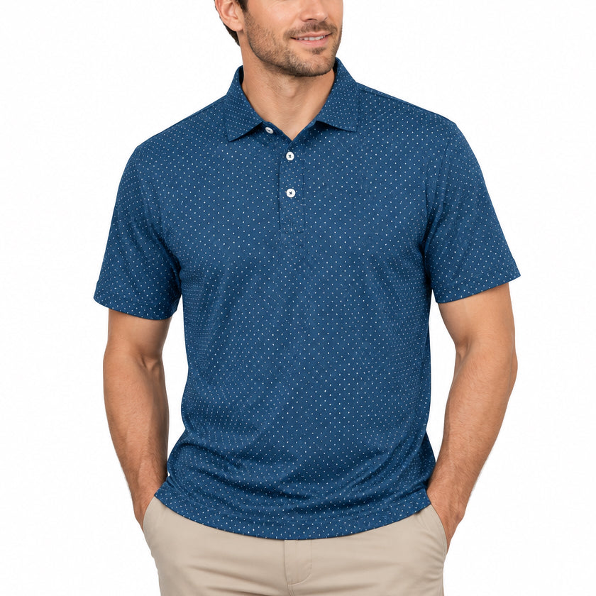 Collars & Co Men's Golf Polo Semi-Spread Collar Blue Dot Size L