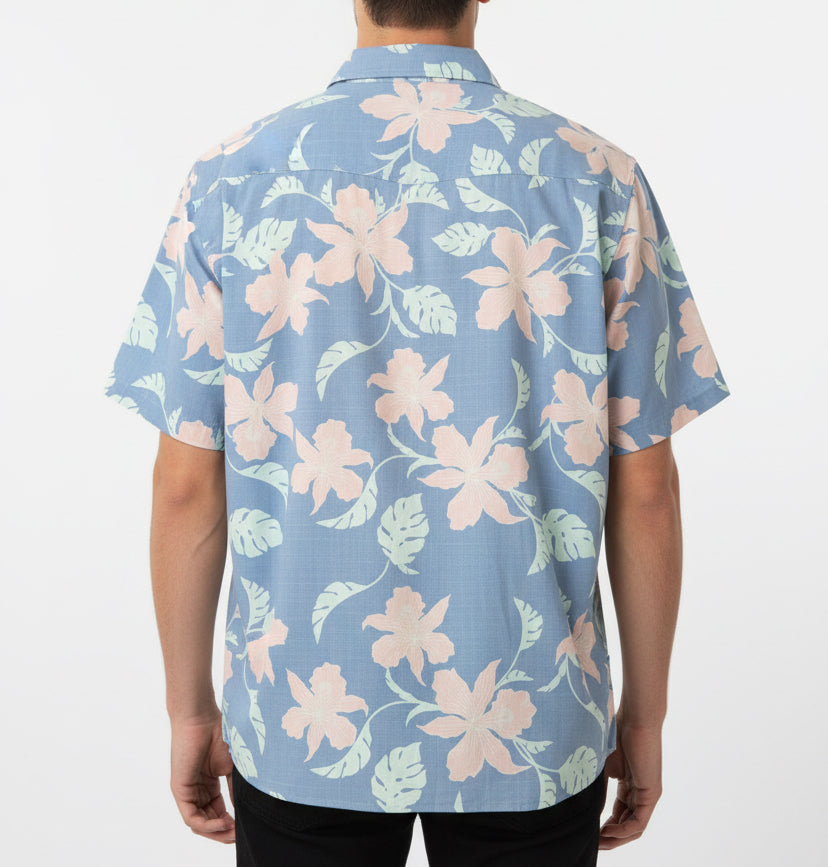 Straight Down Men's Shirt Monstera Orchid Woven Blue Shade Size L