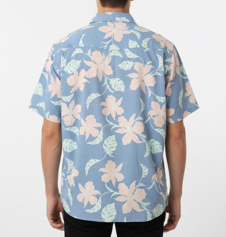 Straight Down Men's Shirt Monstera Orchid Woven Blue Shade Size L