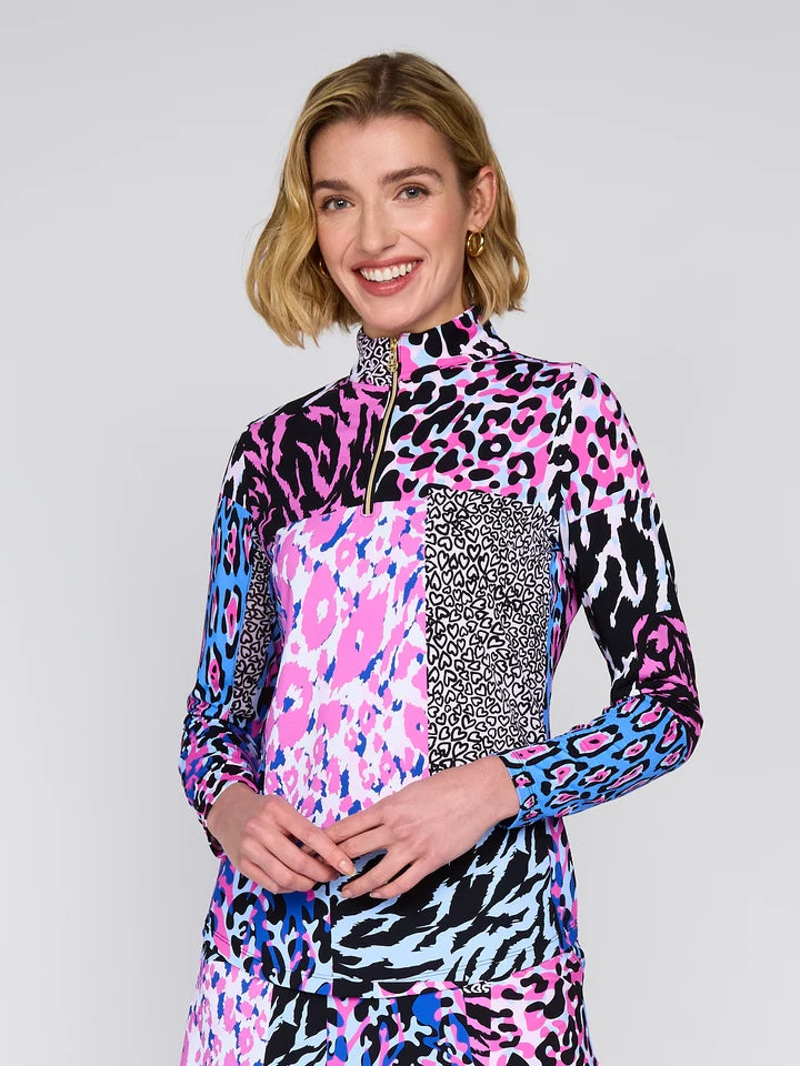 G-Lifestyle Womens Long Sleeve Zip Mock - Patchwork - Skorzie