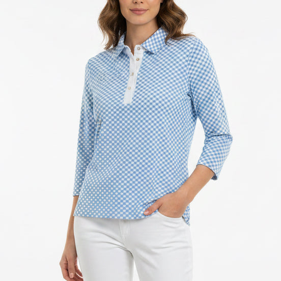 MDC Women's Golf Polo Vichy Print Baby Blue Size 38