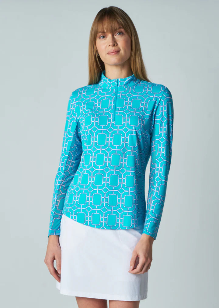 G Lifestyle Stained Glass 1/4 Zip LS Mock Top - Turquoise - Skorzie