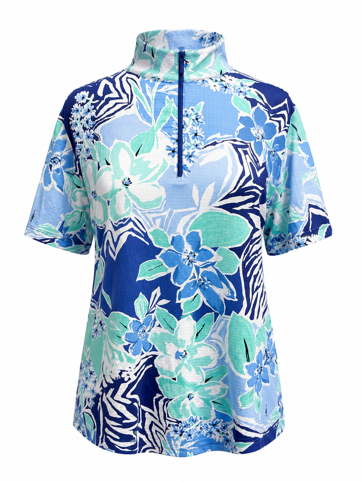 IBKUL Amelia Short Sleeve Zip Mock - Navy/Seafoam