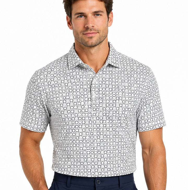 Collars & Co. Men's Polo Performance Fabric Semi-Spread Collar Navy Circles Size L